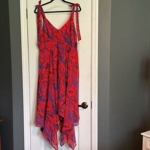Alexis Red and Blue Leaf Patterned Dress Womens Sz L asymmetrical Boho Fairycore